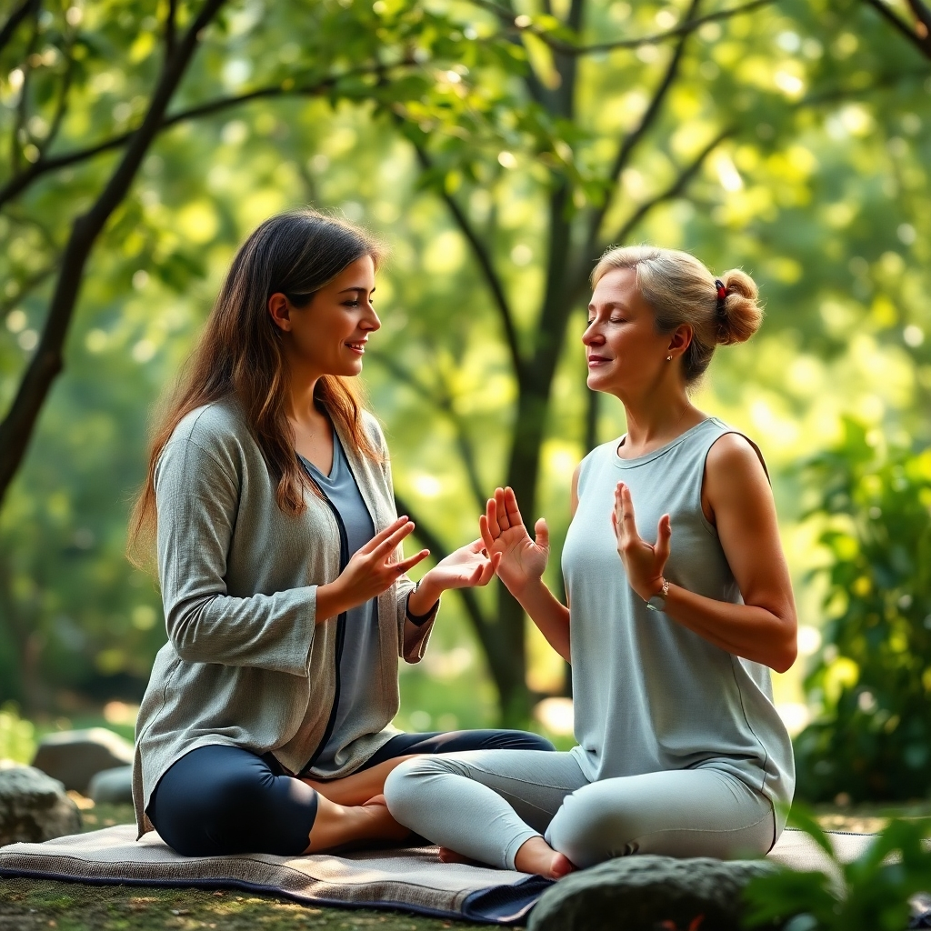 A wellness coach leading a client through a guided meditation session in a serene and peaceful setting. The environment is a natural oasis with soft, diffused light filtering through the trees, creating a calming atmosphere. The coach is demonstrating gentle breathing techniques and offering words of encouragement. Focus on promoting relaxation, mindfulness, and overall well-being. 4K resolution, photorealistic.