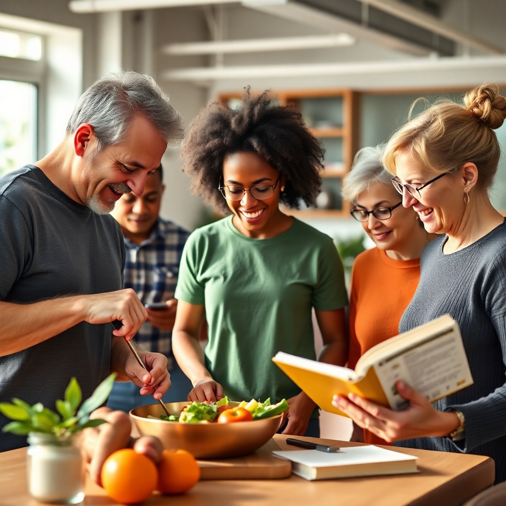 Create a photorealistic image representing Fit Powerplus's mission. Show a diverse group of people of various ages and fitness levels engaged in different activities: someone preparing a healthy meal, another using a fitness tracker, and a third reading an e-book about nutrition. Lighting should be warm and inviting, creating a sense of community and support. Color palette should be balanced and natural, with greens, blues, and earthy tones. The camera angle should be a medium shot, capturing the interactions and positive energy. The environment should be a bright and airy co-working space or community center. Style reference: Lifestyle photography with a focus on health and wellness. Technical specs: 4K resolution, high quality.