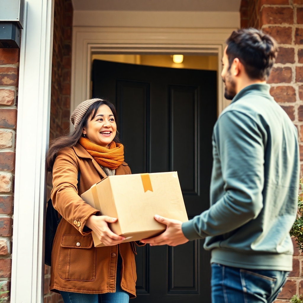 Create a photorealistic image showing a carefully packaged box being delivered to a customer's doorstep. The lighting should be bright and welcoming, with a focus on the packaging and the customer's positive reaction. The color palette should be warm and inviting, with earthy tones and pops of color. The camera angle should be a medium shot, capturing the interaction between the delivery person and the customer. The environment should be a clean and modern residential area. Style reference: E-commerce product photography. Technical specs: 4K resolution, high quality.