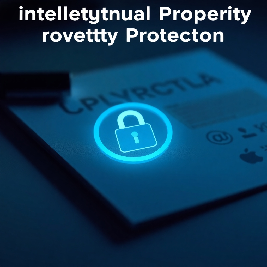 Create a stylized image representing intellectual property protection. Depict a watermark overlaid on a document or digital artwork, symbolizing ownership and copyright. The lighting should be subtle and protective, with a focus on the watermark's visibility. The color palette should be muted and sophisticated, with shades of blue and gray dominating. The camera angle should be a close-up, highlighting the details of the watermark and the protected content. The style should be modern and professional, conveying the importance of intellectual property rights. Technical specs: 4K resolution, high quality.