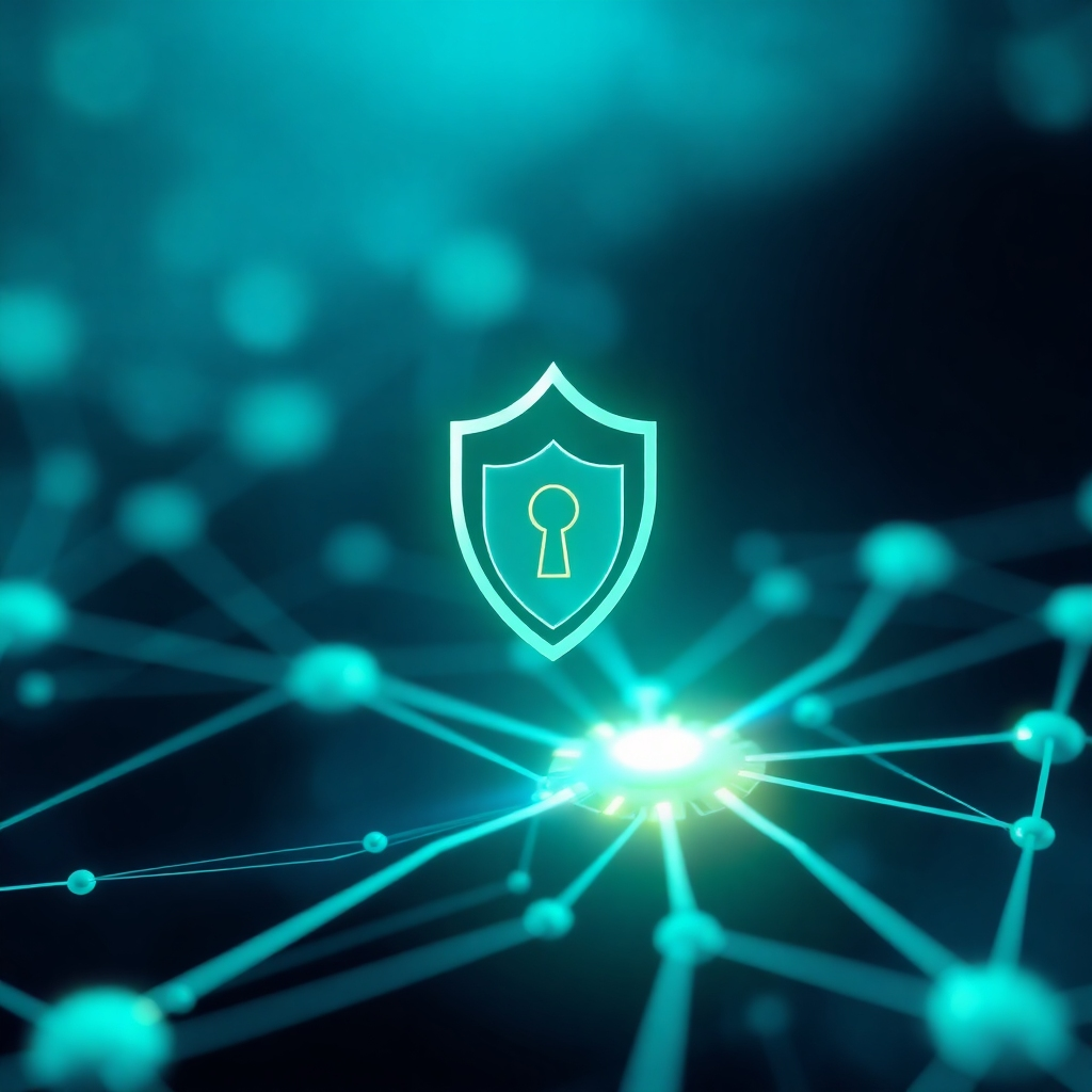 Create a stylized image symbolizing data security and privacy. Depict a glowing shield protecting a digital network of interconnected nodes. The lighting should be soft and reassuring, with a predominantly blue and green color palette. The camera angle should be a close-up, focusing on the shield's intricate design and the network's interconnectedness. The style should be modern and tech-inspired, emphasizing trust and security. Technical specs: 4K resolution, high quality.