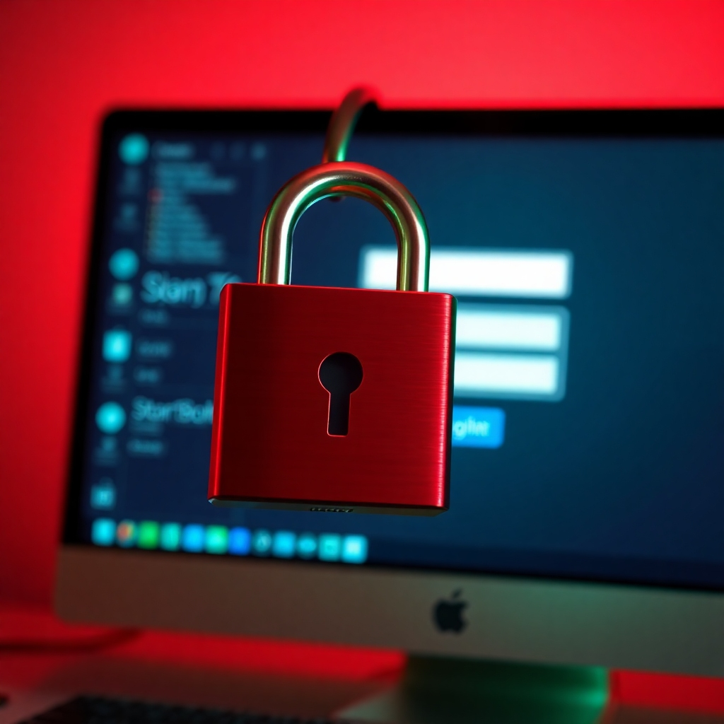 Create a symbolic image representing account security. Depict a padlock securing a computer screen with a login form. The lighting should be strong and protective, with a focus on the padlock's strength. The color palette should be bold and secure, with shades of red and green dominating. The camera angle should be a close-up, highlighting the padlock and the login form. The style should be modern and secure, conveying the importance of account protection. Technical specs: 4K resolution, high quality.