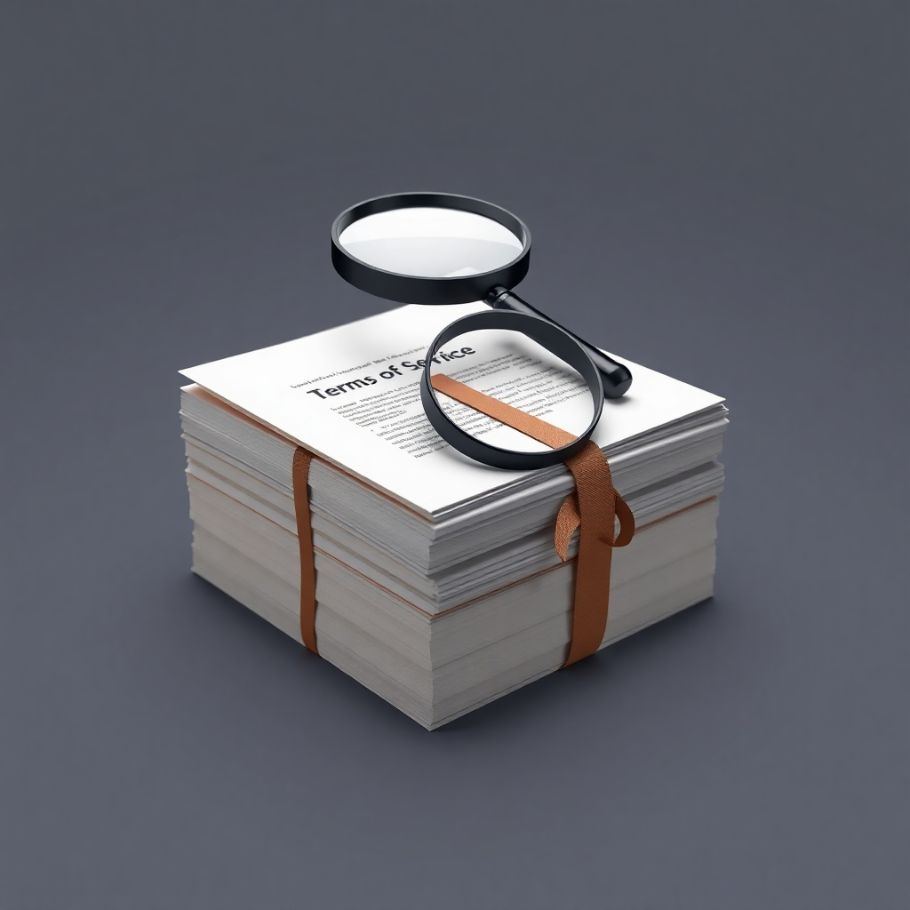 Create a symbolic image representing the 'Terms of Service'. Depict a stack of legal documents bound by a ribbon, with a magnifying glass resting on top. The lighting should be soft and professional, with a focus on the documents' details. The color palette should be neutral and serious, with shades of gray and beige dominating. The camera angle should be a close-up, highlighting the text and the magnifying glass. The style should be formal and authoritative, conveying the importance of the documents. Technical specs: 4K resolution, high quality.