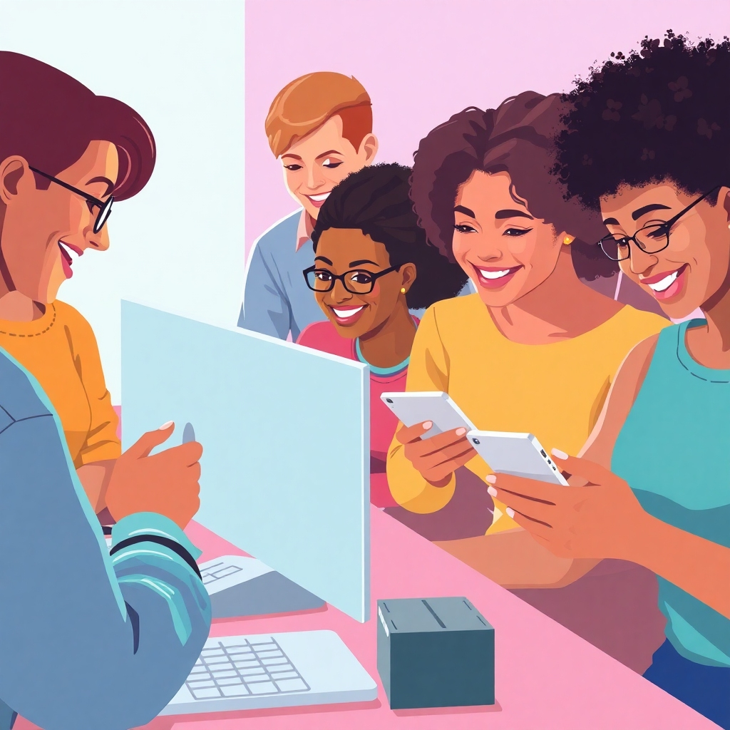 Create an illustrative image showing a diverse group of people using computers and mobile devices in a harmonious and respectful manner. The lighting should be bright and inviting, with a focus on the positive interactions. The color palette should be vibrant and inclusive, with a range of skin tones and clothing styles. The camera angle should be a medium shot, capturing the diversity and inclusivity of the users. The style should be modern and user-friendly, emphasizing the platform's accessibility. Technical specs: 4K resolution, high quality.
