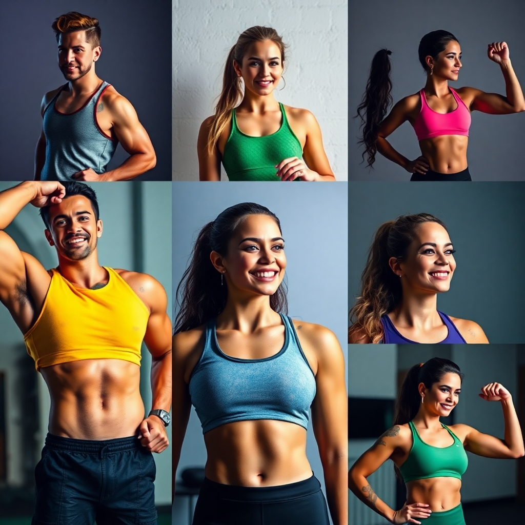 Create an image showcasing a range of people achieving varying fitness goals, highlighting the diversity of results. The lighting should be dynamic and motivational, with a focus on the individuals' achievements. The color palette should be energetic and inspiring, with a range of skin tones and clothing styles. The camera angle should be a medium shot, emphasizing the diversity and inclusivity of the results. The style should be modern and relatable, conveying the importance of personal progress. Technical specs: 4K resolution, high quality.