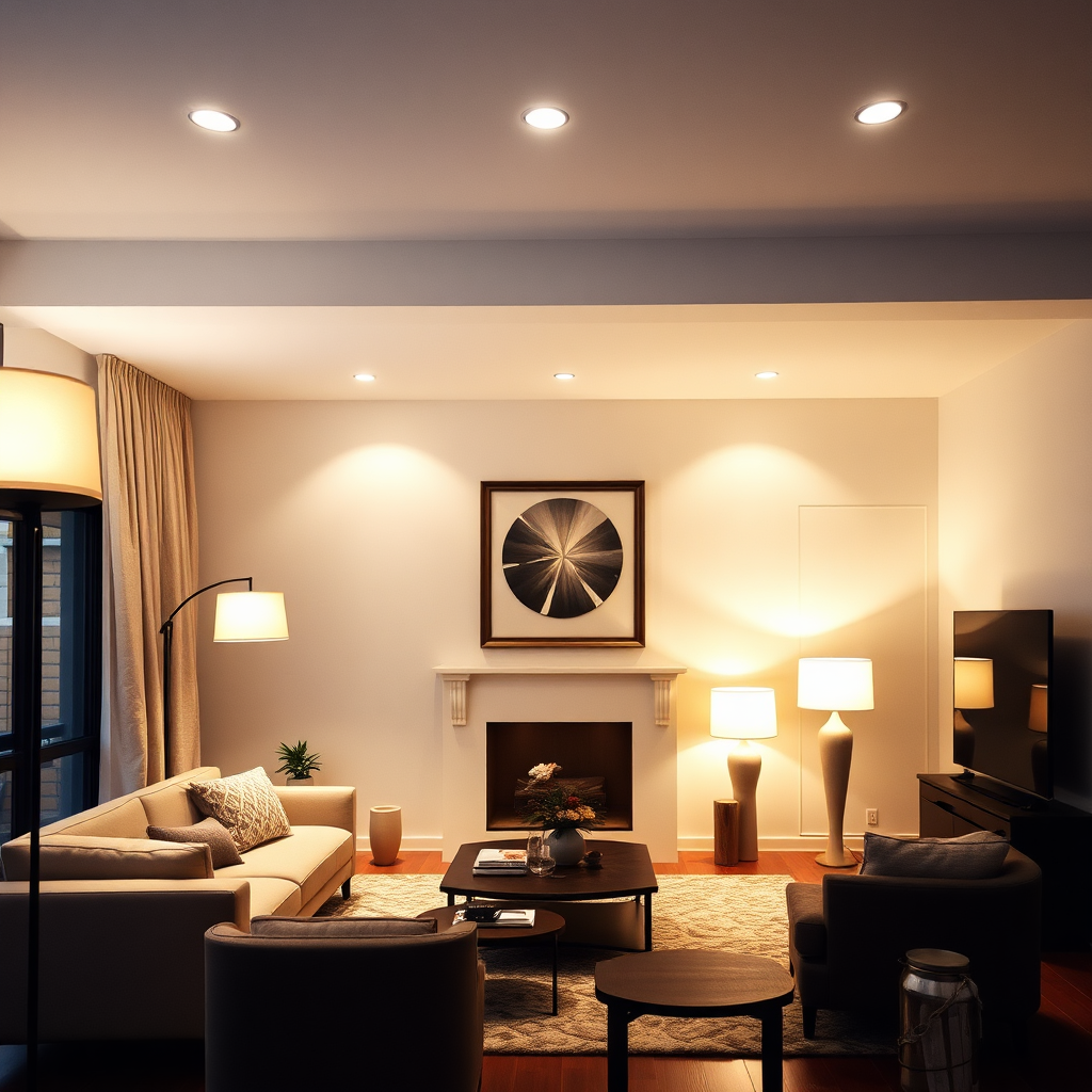 A beautifully lit living room with various light sources, including recessed lighting, floor lamps, and table lamps. The lighting should create a warm and inviting atmosphere.