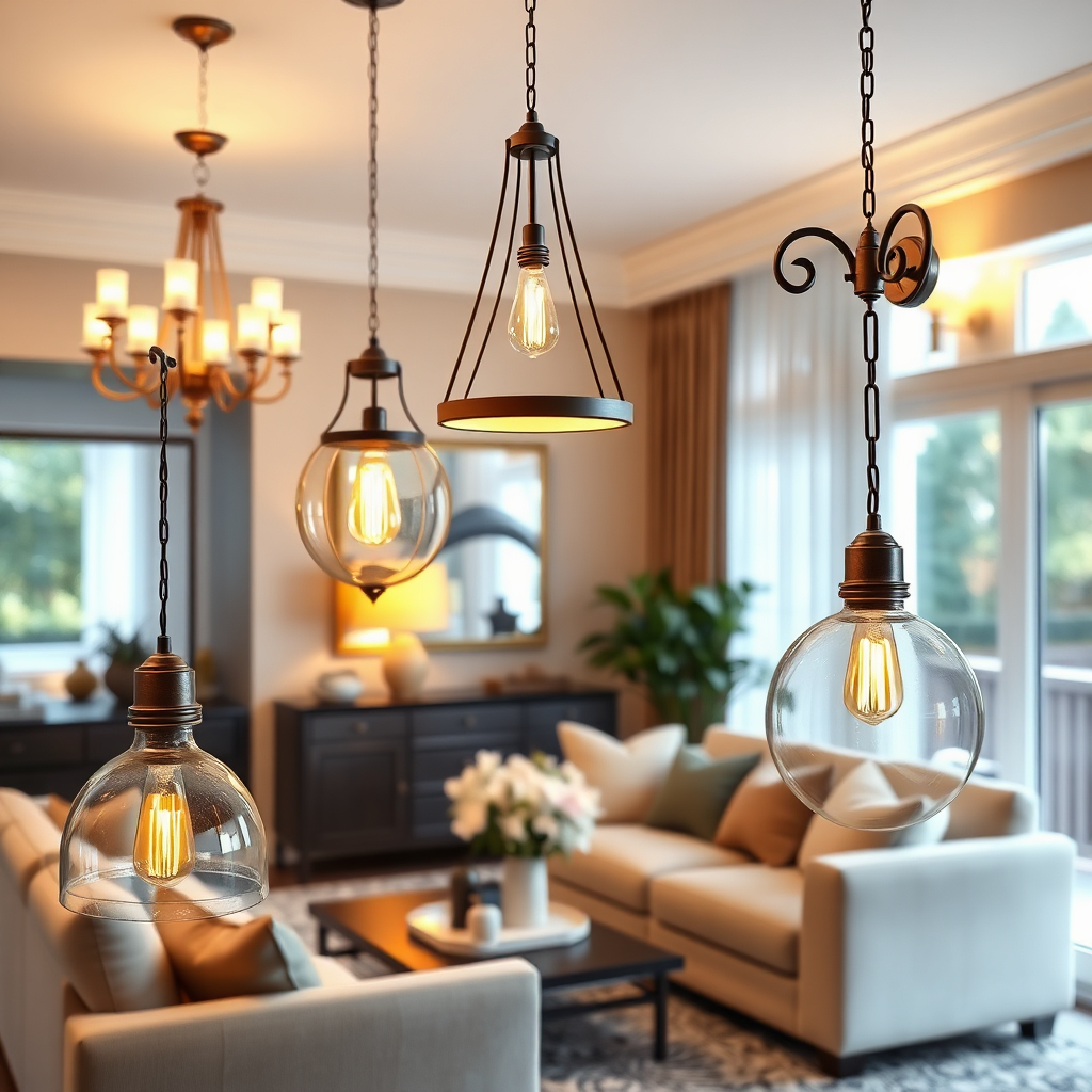 A beautifully styled, photorealistic image showcasing a variety of light fixtures (chandelier, pendant light, sconce) in a tastefully decorated living room. The lighting should be warm and inviting, highlighting the unique characteristics of each fixture. The composition should create a sense of harmony and balance, emphasizing how the fixtures complement the overall design. Aim for an 8K resolution image with hyperrealistic rendering, capturing the intricate details of the fixtures and their surroundings.