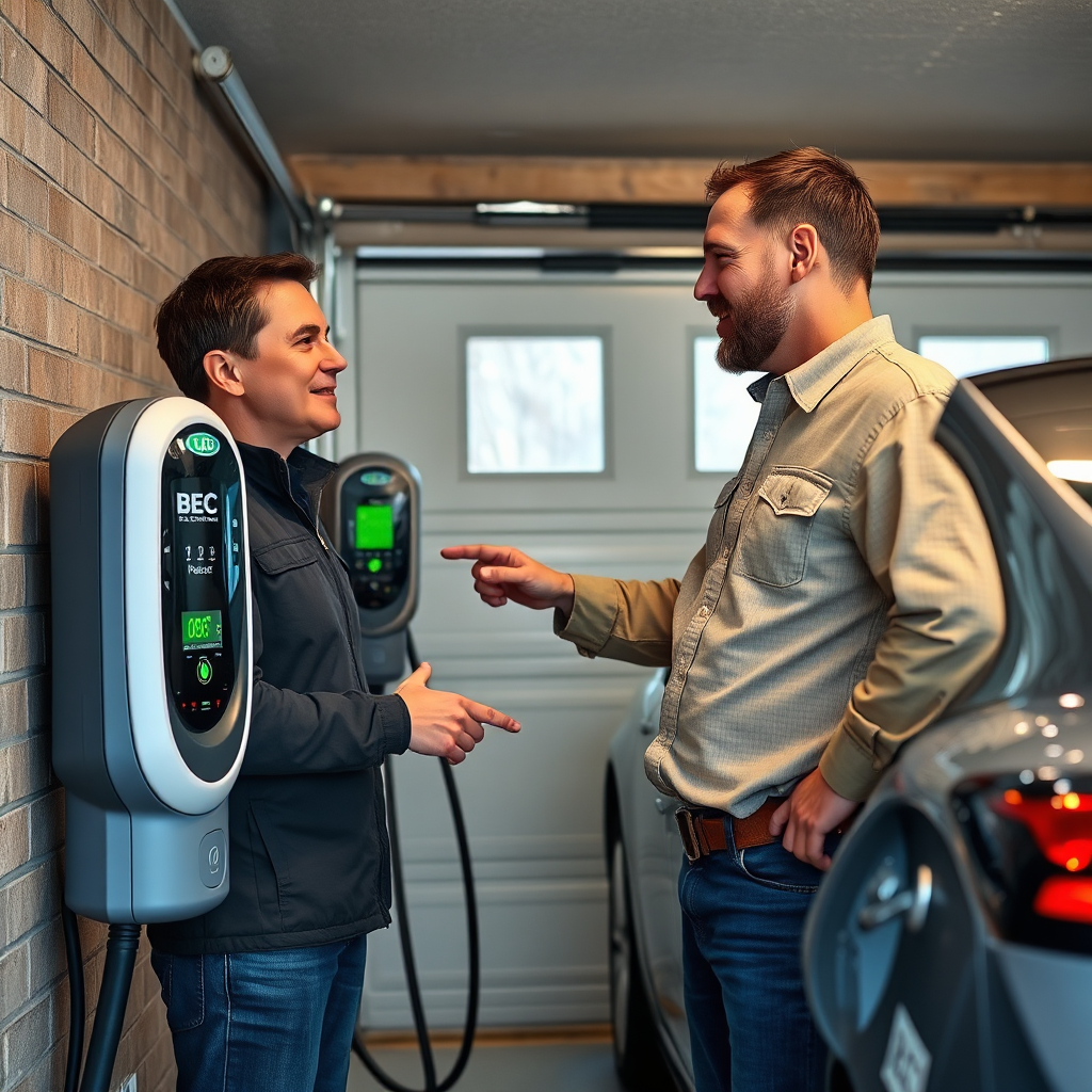 A BEC Electric consultant talking to a homeowner in their garage, discussing EV charging options. The consultant is pointing to a charger. The scene is well-lit and professional. The composition should convey trust and expertise. Style: Approachable, friendly, photorealistic. Technical specs: 4K resolution.