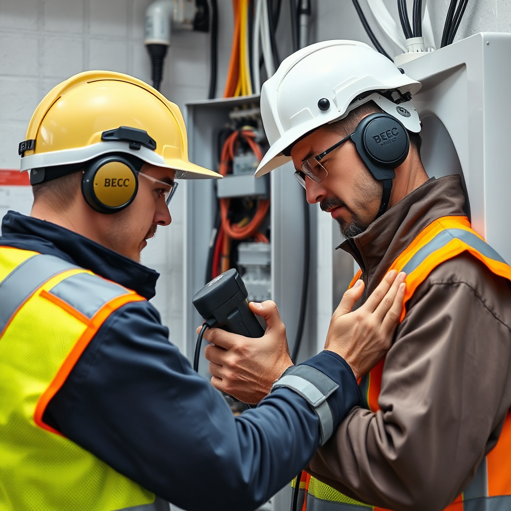 A BEC Electric electrician working on an EV charger installation, wearing safety gear. Focus on the attention to detail and the use of professional tools. The background shows the electrical panel and wiring. The scene is clean and organized. Style: Professional, technical, photorealistic. Technical specs: 4K resolution.
