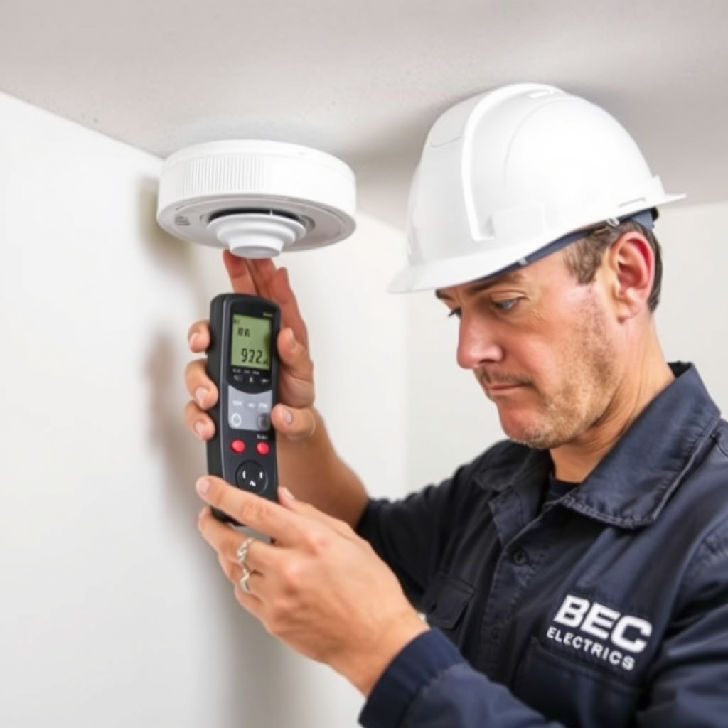 A BEC Electric technician conducting a thorough inspection of a smoke detector using a testing device. The technician is carefully examining the alarm, and the testing device displays clear readings. The image conveys expertise and meticulous attention to detail.
