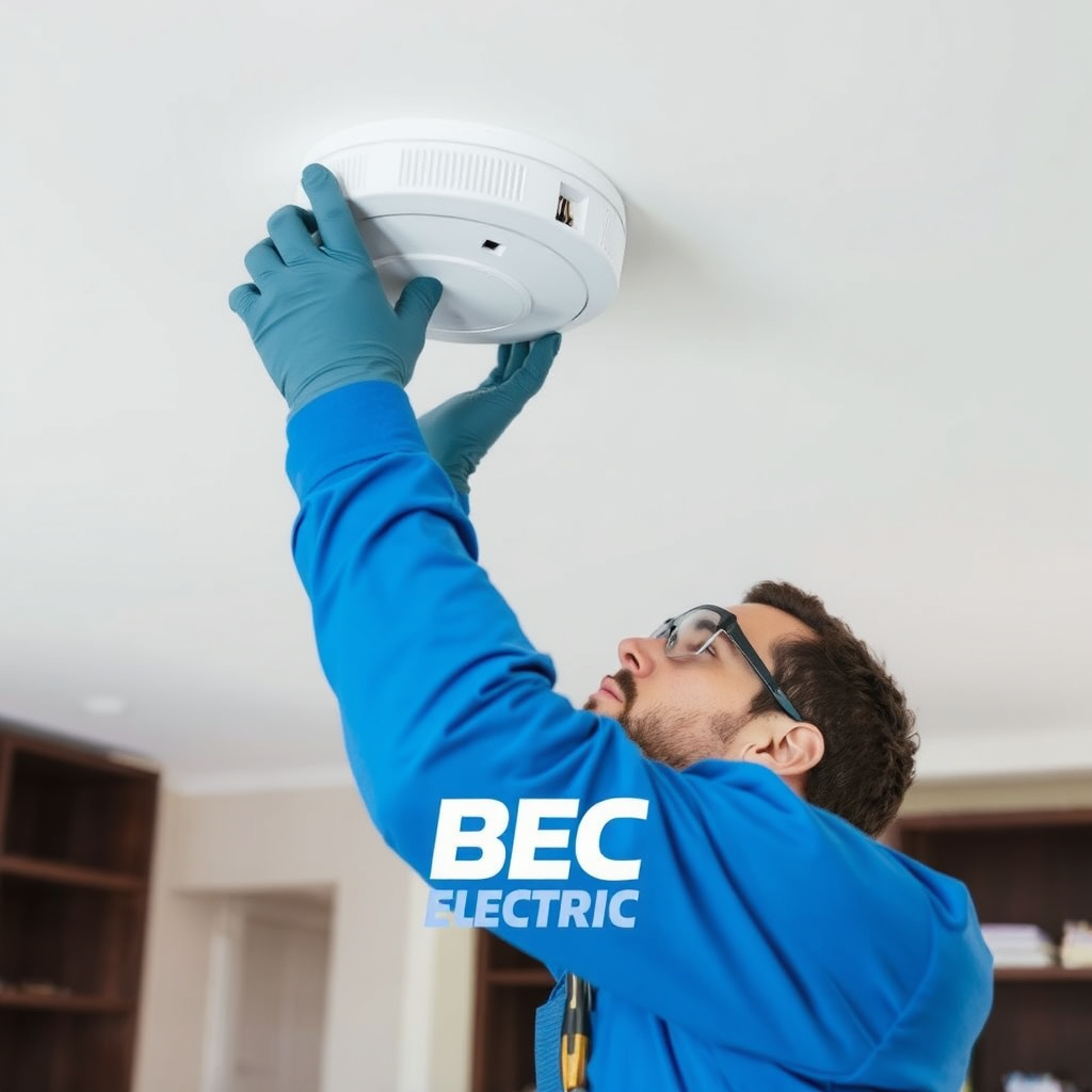 A BEC Electric technician expertly installing a smoke detector on a ceiling. The technician is wearing safety glasses and using professional tools. The background is a clean, modern home interior. The image emphasizes professionalism and attention to detail.