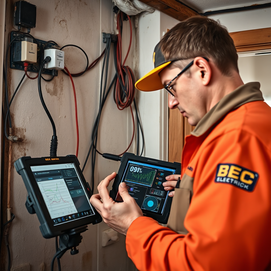 A BEC Electric technician using specialized equipment to inspect old wiring in a home. The technician is focused and professional, with a tablet displaying diagnostic data. The scene is well-lit and conveys expertise and thoroughness. The image should instill confidence in BEC Electric's diagnostic capabilities. 8k, photorealistic.