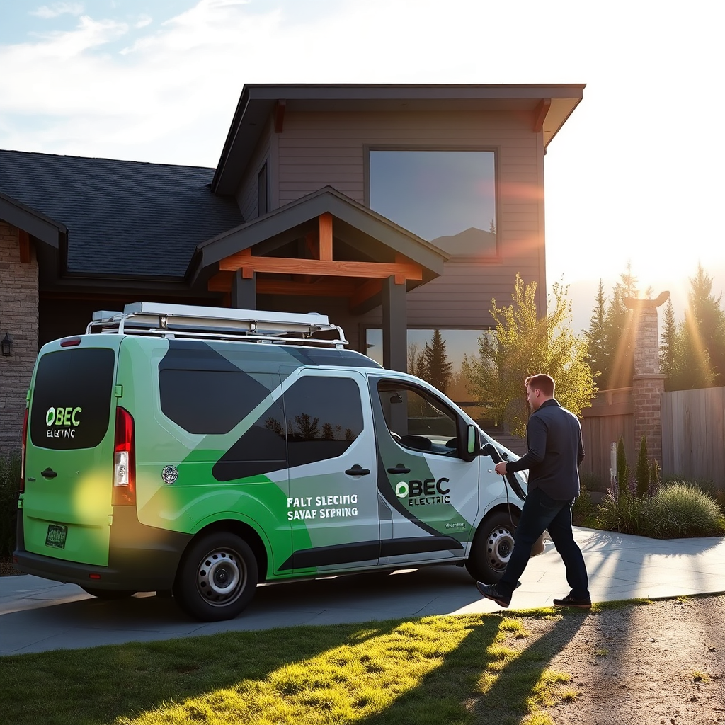 A BEC Electric van parked outside a modern house in North Idaho. An electrician is carrying a new EV charger towards the house. The image focuses on the seamless service and highlights the beauty of the North Idaho location. The sun is shining, reflecting the professionalism of the company. Technical Specs: 4K, Photorealistic.