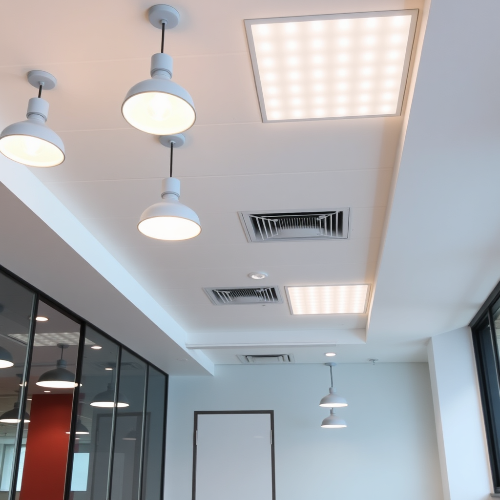 A brightly lit office space with modern lighting fixtures, including pendant lights, recessed lighting, and task lighting. The scene should convey a sense of productivity and well-being. The colors should be clean and professional. BEC Electric installed the lights.