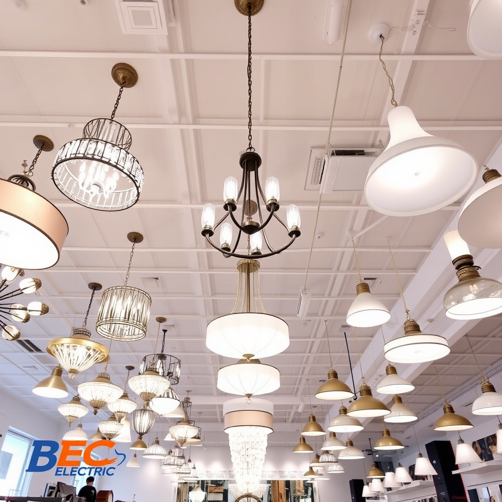 A brightly lit showroom featuring various light fixtures – chandeliers, pendants, sconces, and recessed lights. The focus is on showcasing the diverse styles and designs available. The lighting should be bright and even, highlighting the details of each fixture. The background is a clean, modern design. Camera angle should be a wide shot to capture the breadth of options. This is for BEC Electric.
