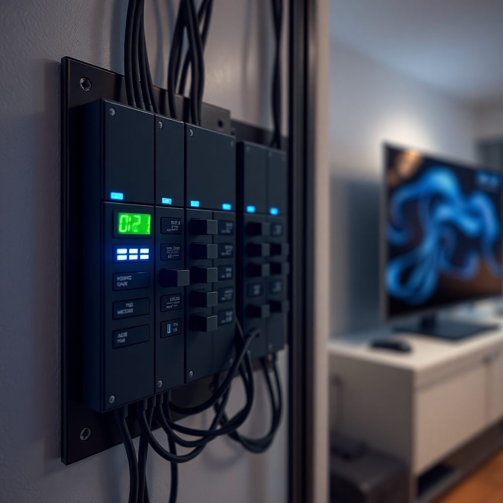 A circuit breaker panel with advanced safety features highlighted by soft blue lighting. Electronic devices (TV, computer) are subtly visible in the background, powered safely. Photorealistic and technologically advanced. 8k resolution.