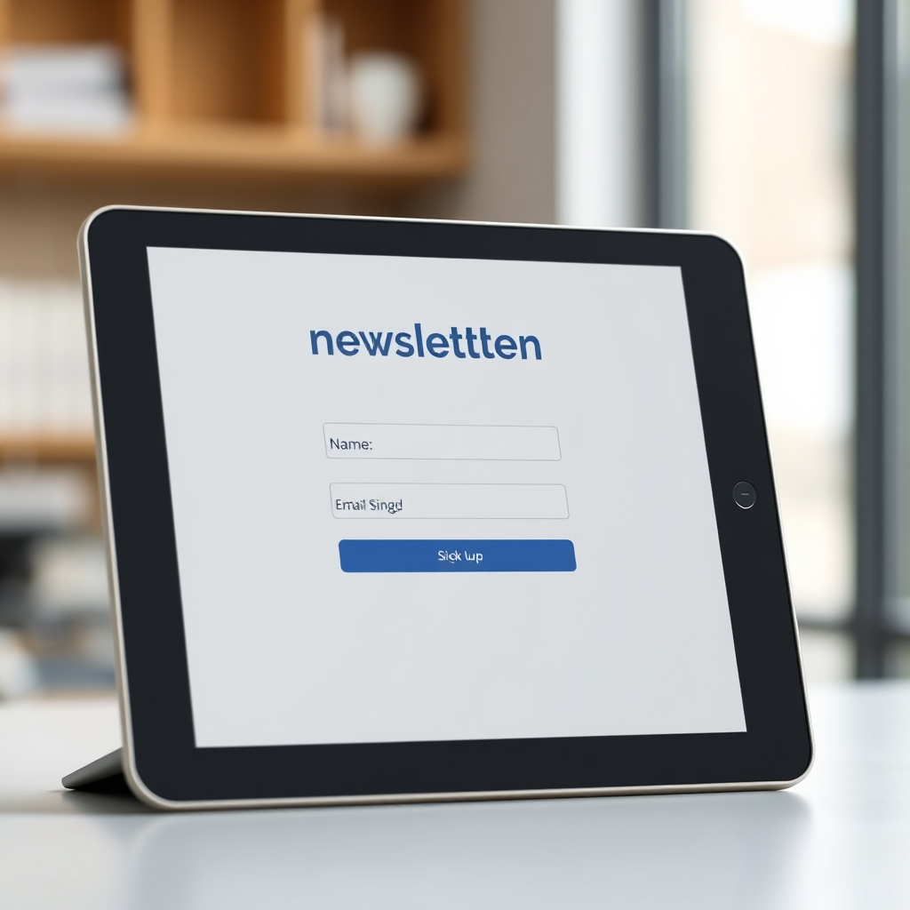 A clean and modern photorealistic image of a tablet displaying a newsletter signup form. The form should be simple and user-friendly, encouraging visitors to enter their name and email address. The background should be subtly blurred to focus attention on the form. The image should convey professionalism and trustworthiness. Aim for an 8K resolution image with hyperrealistic rendering to capture the details of the tablet and the form.
