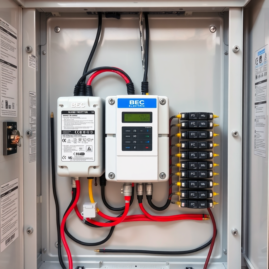 A clean, well-organized electrical panel with a newly installed BEC Electric surge protector. The panel should be clearly labeled and wired according to code. The image should convey a sense of order, safety, and professional workmanship. Good lighting and a clear view of the components are essential. 8k, photorealistic.