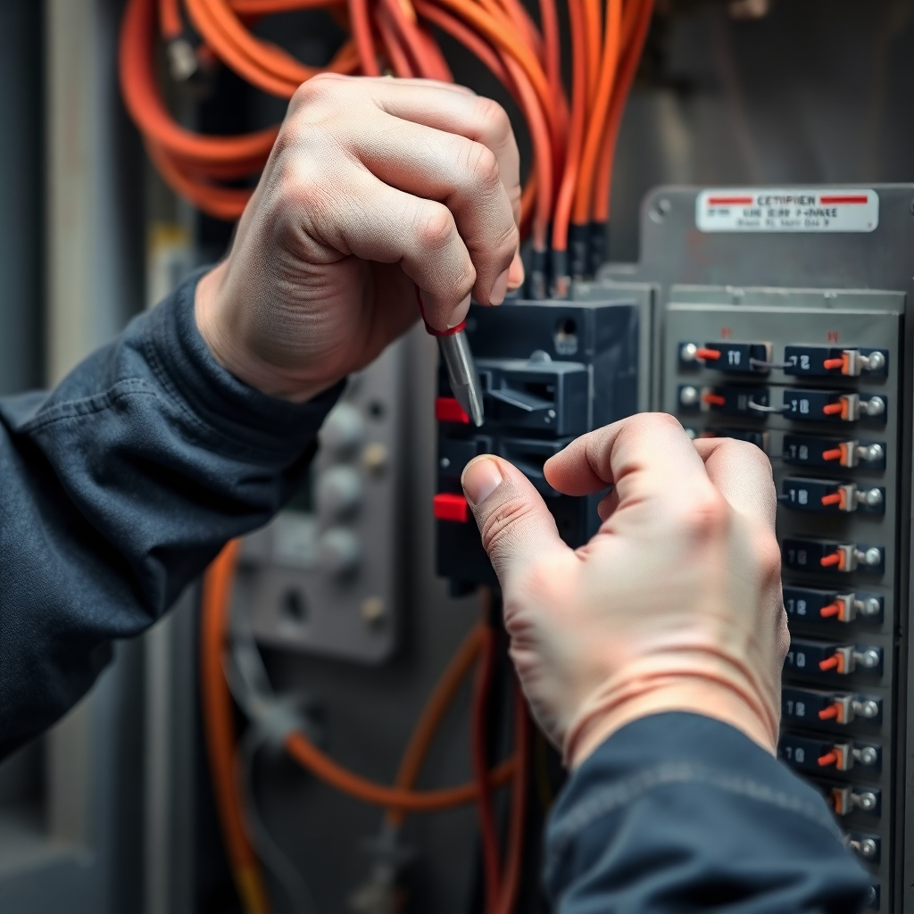 A close-up, photorealistic image of a certified electrician's hands carefully installing a circuit breaker. Focus on the precision and the use of professional tools. The background is a blurred electrical panel. Emphasize safety with appropriate gear visible. 8k resolution.
