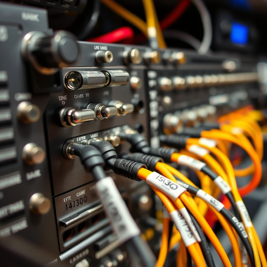 A close-up, photorealistic image showcasing the intricate wiring and connections of a ham radio setup. Focus on perfectly aligned connectors, neatly bundled cables, and clearly labeled wires. The background should be a blurred view of other radio equipment. Lighting should be bright and even, highlighting the precision and cleanliness of the installation. Use a macro lens to capture the minute details of the connections, emphasizing the expertise and care involved. The color palette should be primarily metallic and black, with subtle hints of color from the wire insulation. Style reference: A high-quality product photography, emphasizing detail.