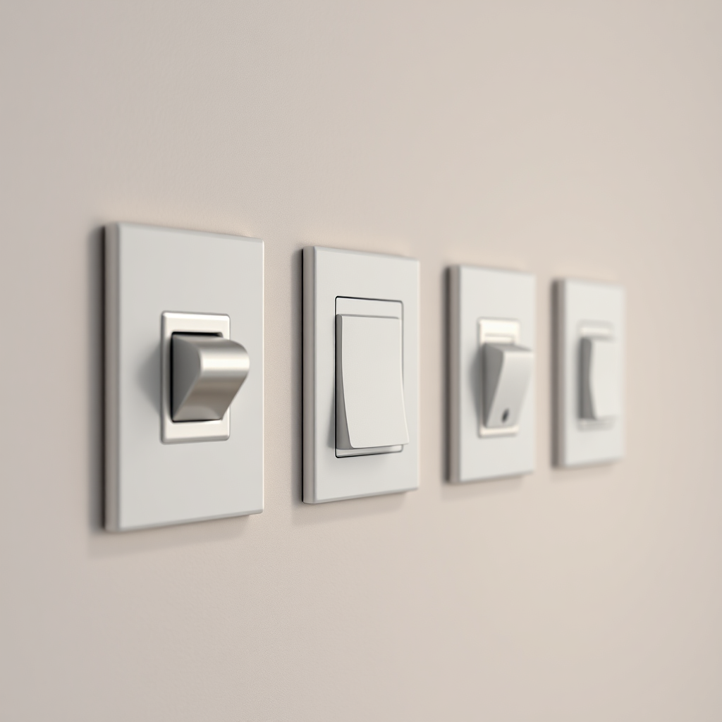 A close-up, photorealistic image of various light switches (toggle, dimmer, smart switch) mounted on a neutral wall. Focus on the texture and details of each switch, highlighting their unique design and functionality. Soft, diffused lighting should showcase the elegance and modernity of the switches. Aim for an 8K resolution image with hyperrealistic rendering to emphasize the tactile quality of the materials. The composition should be clean and uncluttered, emphasizing the switches as individual works of functional art.
