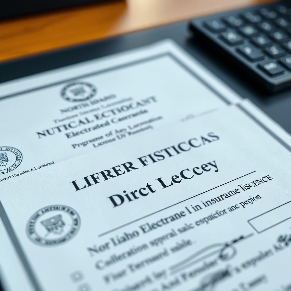 A close-up photorealistic image of a North Idaho Electrical license and insurance documents neatly displayed on a desk. The lighting is professional and highlights the official seals and signatures. The camera angle is tight, focusing on the details of the documents. The color palette is clean and professional. Style reference: Business photography. Technical specs: 8K resolution, hyperrealistic.