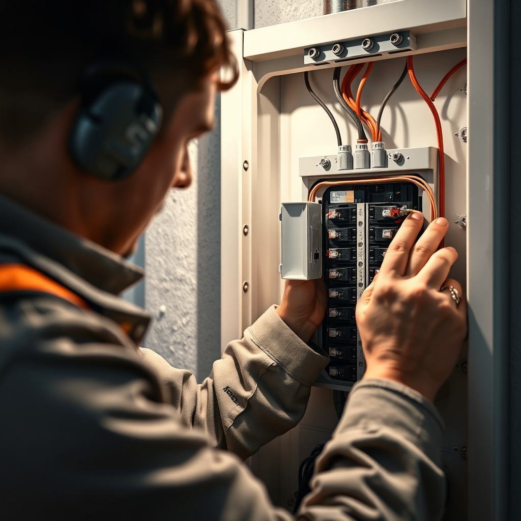 A close-up, photorealistic shot of a BEC Electric technician expertly installing a surge protector at a residential electrical panel. The technician is wearing clean, professional attire and using the correct tools. Good lighting highlighting the precision and care involved in the installation process. The image should inspire confidence and trust in BEC Electric's expertise. 8K resolution, hyperrealistic.