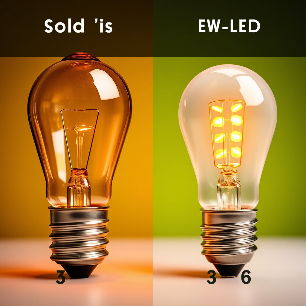A close-up shot comparing an old incandescent bulb with a new LED bulb, visually demonstrating the difference in energy consumption. Use graphs and data visualizations to emphasize the energy savings.