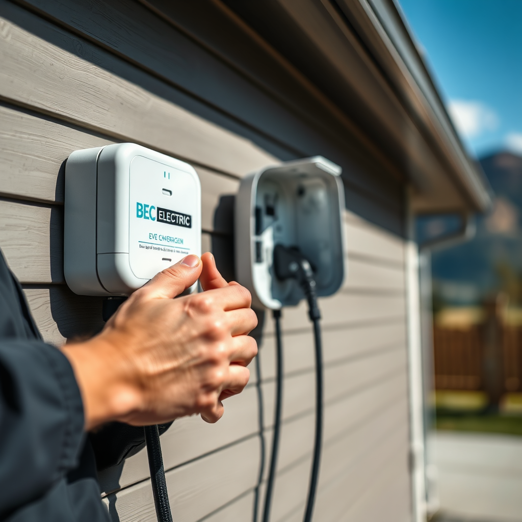 A close-up shot of a BEC Electric technician expertly installing an EV charger on a modern home's exterior wall in North Idaho. Focus on the precision and clean lines of the installation. The home's siding should be visible, along with the charging unit itself. Good lighting to show detail, shallow depth of field to emphasize the technician's hands. The background shows a blurred view of the North Idaho landscape. The scene should be professional and reassuring. Technical specs: Photorealistic, 4k resolution.