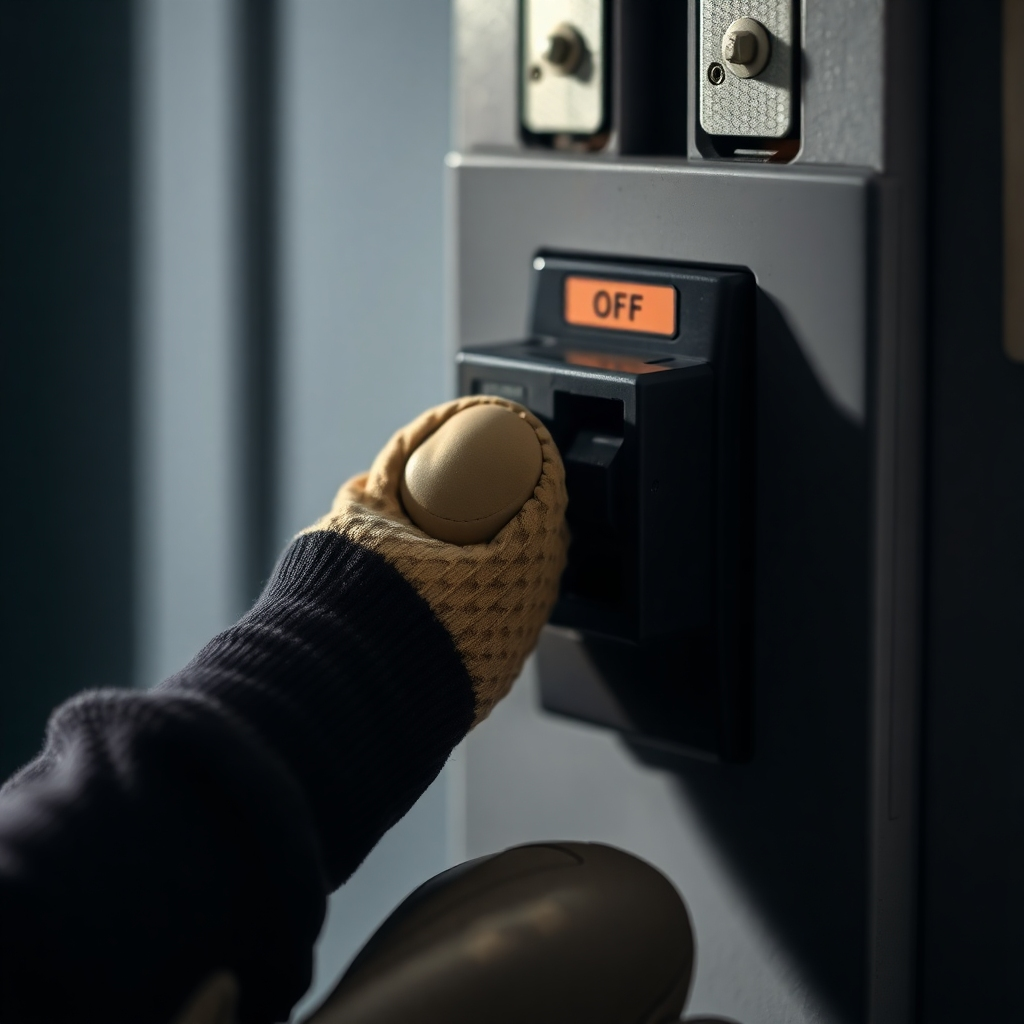 A close-up shot of a hand flipping a circuit breaker switch to the 'off' position. The switch is clearly labeled, and the hand is wearing protective gloves. The background is blurred, focusing on the switch. The lighting is dramatic, emphasizing the importance of safety. This image represents the crucial step of turning off power before any electrical work.