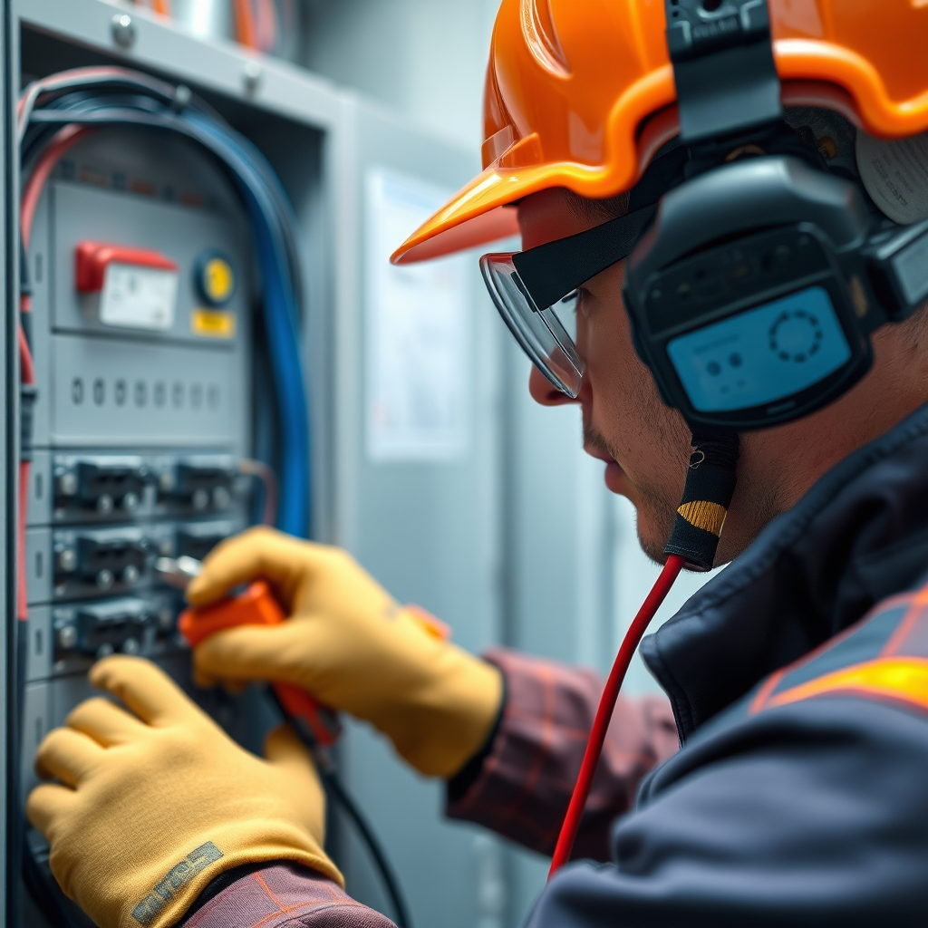 A close-up shot of a technician upgrading an electrical panel. Safety gear is worn, emphasizing the secure environment. The tools and wiring are clearly visible, displaying the detailed work. The background is slightly blurred. Technical Specs: 4K, Photorealistic.