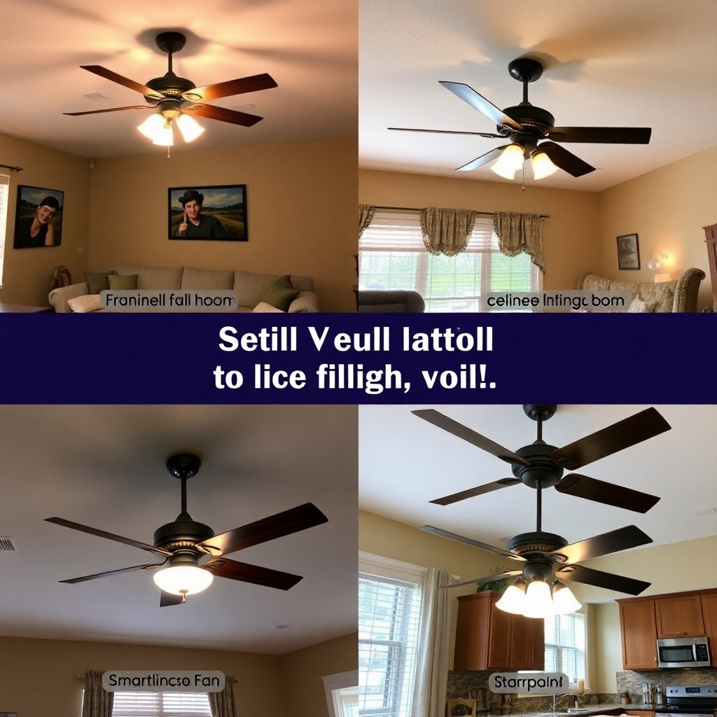 A collage of different types of ceiling fans installed in various rooms. The collage includes a standard ceiling fan in a living room, a hugger ceiling fan in a bedroom, a remote-controlled ceiling fan in a patio, and a smart ceiling fan in a kitchen. The lighting is warm and inviting, showcasing the different styles and functionalities of each fan. This image represents the variety of ceiling fan options available and BEC Electric LLC's ability to install them all.