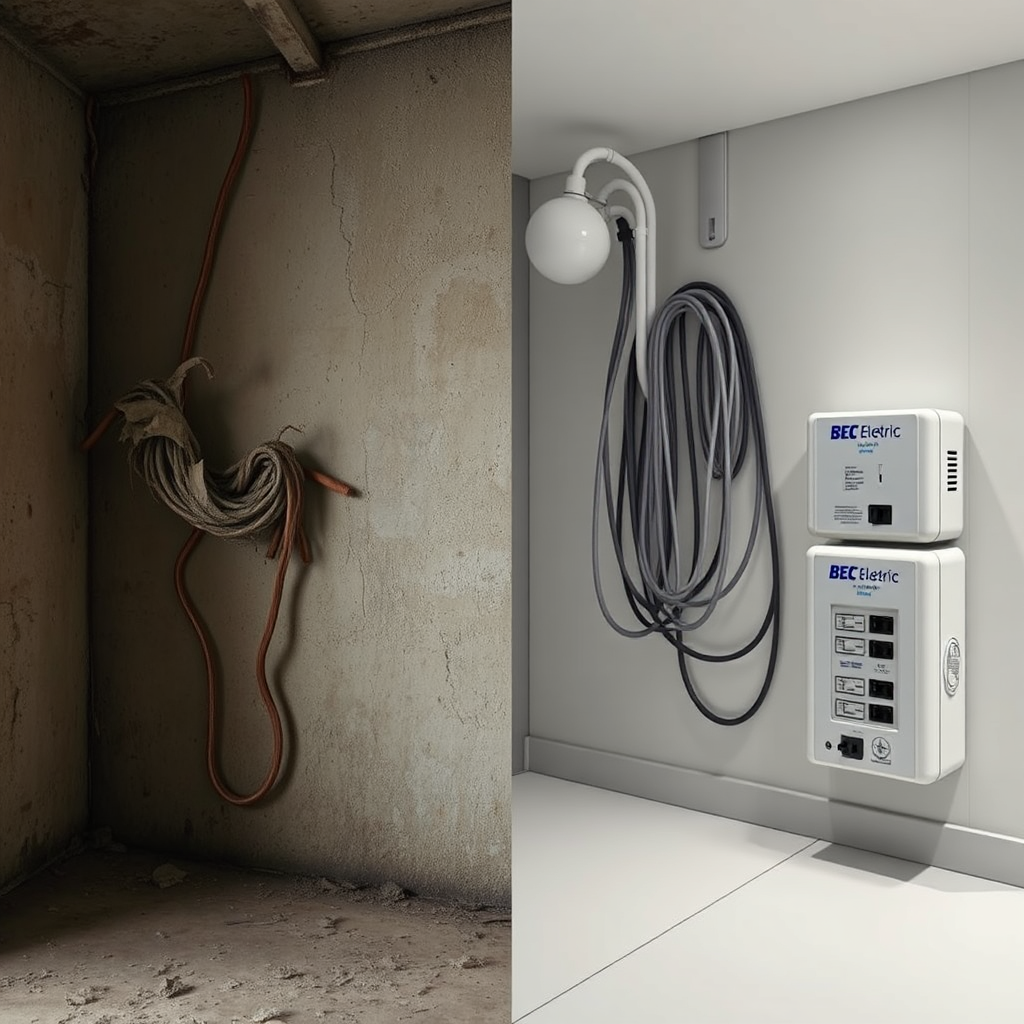 A contrasting image: one side shows aged, frayed wiring inside a wall, dimly lit and dusty. The other side shows new, neatly installed wiring with a BEC Electric surge protector nearby, well-lit and modern. The image should visually represent the transition from risk to safety. 8K resolution, photorealistic.