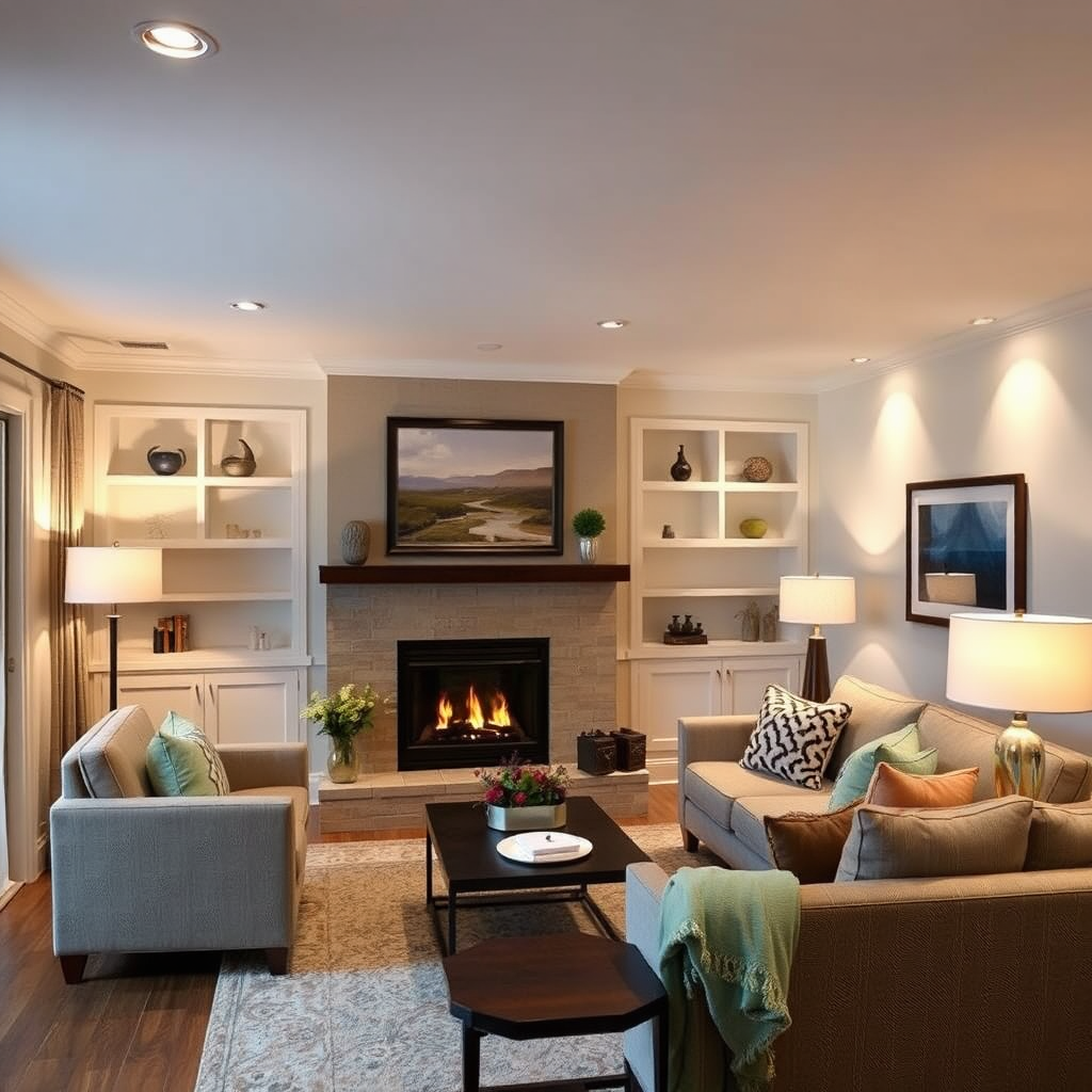 A cozy living room with a fireplace, a comfortable sofa, and a variety of light fixtures, including a floor lamp, table lamp, and recessed lighting. The scene should convey a sense of warmth and relaxation. The colors should be warm and inviting. BEC Electric designed the lighting.