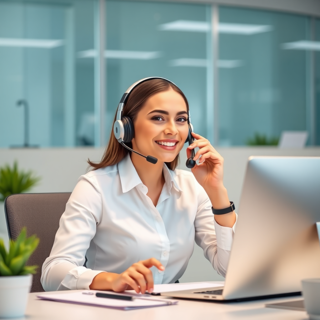 A customer service representative answering a phone call in a bright and modern office. The scene should convey helpfulness and responsiveness.