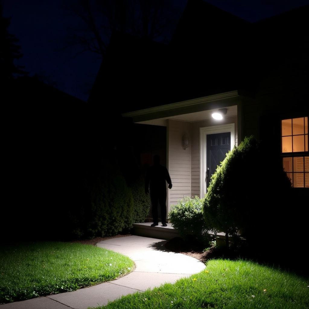 A dark house exterior illuminated by motion-activated security lights, deterring a shadowy figure. Highlight the effectiveness of the lighting in preventing potential threats.