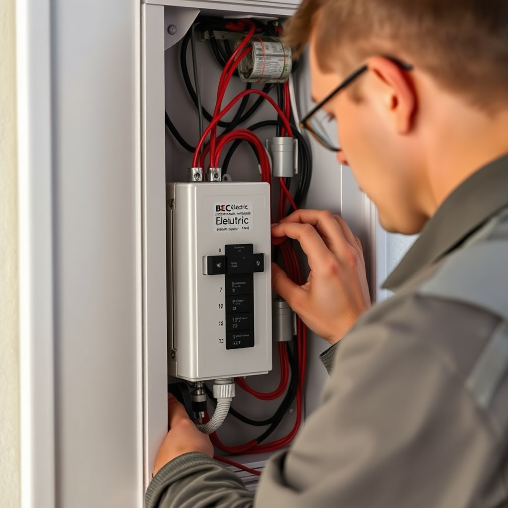 A detailed image of a BEC Electric technician installing a whole-house surge protector in a residential electrical panel. Focus on the precision of the wiring and the secure mounting of the device. Good lighting and a clear view of the components are essential. The image should convey expertise and attention to detail. 8k, photorealistic.