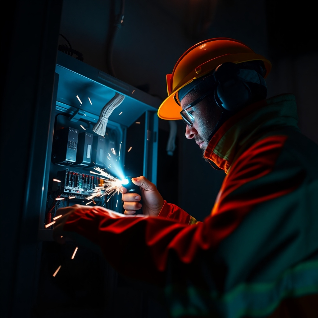 A dramatic image depicting an electrician working on a faulty electrical panel during a power outage. The scene is dimly lit with the electrician using a flashlight to illuminate the panel. Sparks are flying, adding a sense of urgency. The electrician is wearing protective gear and working diligently to resolve the issue. The color palette is dominated by dark blues and oranges, representing the emergency situation. The camera angle is slightly low, emphasizing the electrician's determination and expertise. Textures should be sharp and detailed, showcasing the complexity of the electrical panel and the urgency of the situation. Style references include emergency response photography and disaster relief imagery, focusing on realism and intensity. 4K resolution, high quality.