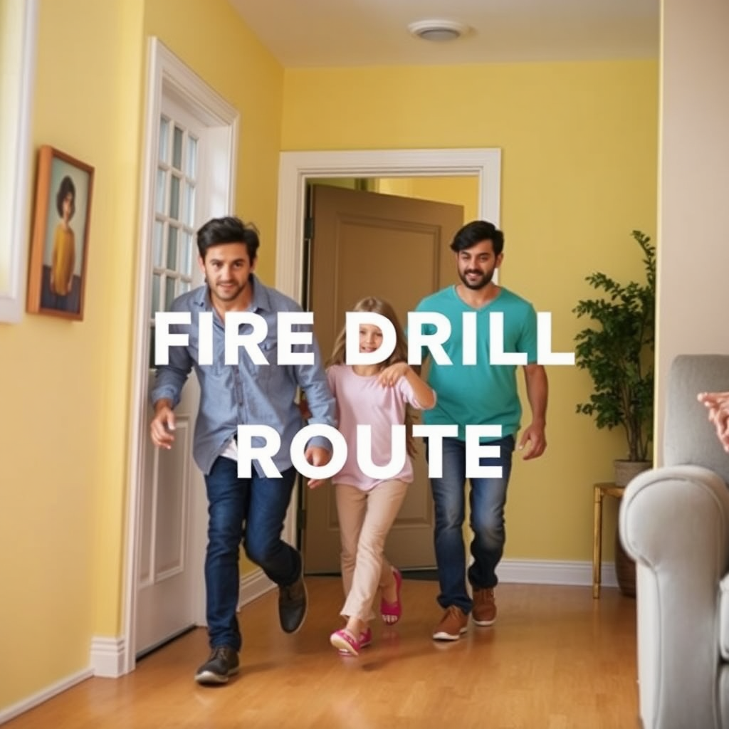 A family practicing a fire drill escape route. They are calmly and quickly exiting their home. The image should convey preparedness and the importance of having a well-rehearsed emergency plan. The color palette should be bright and reassuring, emphasizing the positive aspect of being prepared.