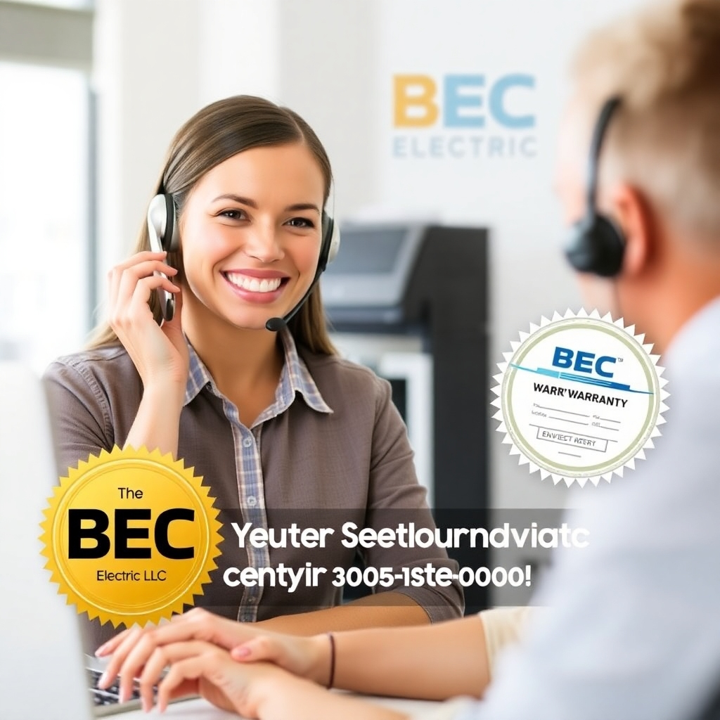 A friendly customer service representative from BEC Electric LLC assisting a customer over the phone. The representative is smiling and helpful, and the customer is satisfied. The background includes the BEC Electric LLC logo and a visual representation of a warranty certificate. This image represents BEC Electric LLC's commitment to providing excellent warranty and support services.