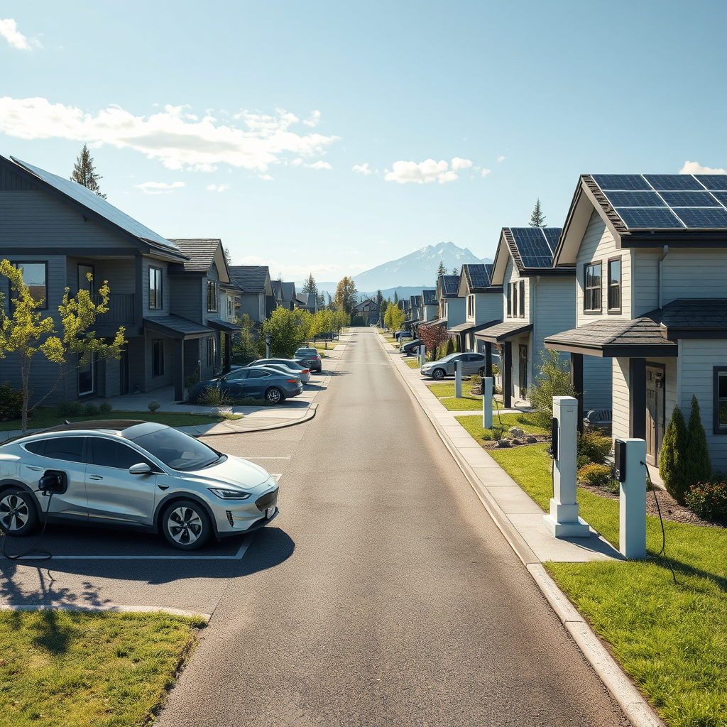 A futuristic rendering of a North Idaho neighborhood with electric vehicles charging at various homes, all powered by renewable energy sources (solar panels on roofs). The scene is clean, green, and sustainable. The lighting is bright and optimistic. The composition should convey a sense of progress and environmental responsibility. Style: Modern, visionary, photorealistic with a touch of futuristic design. Technical specs: 4K resolution.