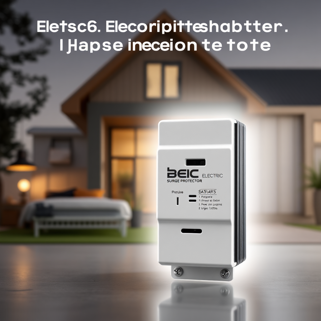 A hero-shot style image featuring a BEC Electric surge protector against a backdrop of a protected home. The surge protector should be highlighted with a subtle glow, symbolizing its protective function. The image should convey trust, reliability, and peace of mind. Focus on clean lines, professional design, and high-quality materials. 8K resolution, photorealistic.