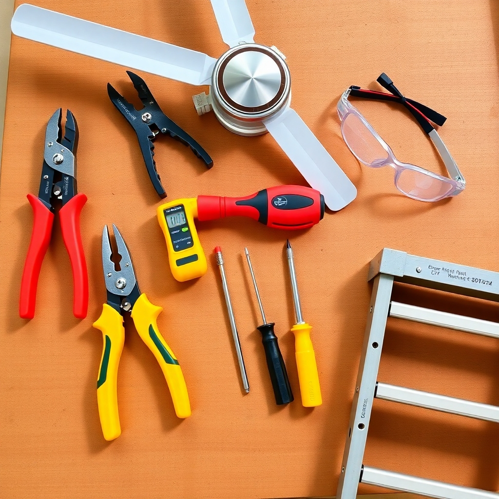 A high-angle shot of essential tools for ceiling fan installation laid out on a workbench. The tools include wire strippers, a voltage tester, a screwdriver, safety glasses, and a ladder. The tools are arranged neatly and are in good condition. The lighting is bright and clear, showcasing the details of each tool. This image represents the importance of having the right tools for DIY installation.