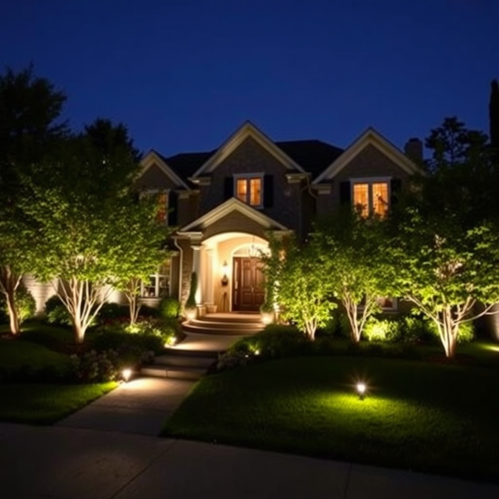 A house exterior at night, showcasing strategically placed landscape lighting that highlights the architectural features and garden. The lighting should be elegant and functional.