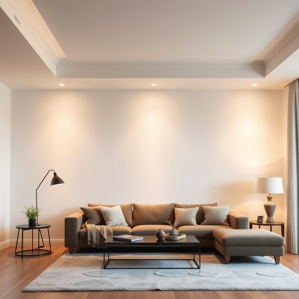 A living room with soft, diffused ambient lighting, showcasing a warm and inviting atmosphere. The lighting should be evenly distributed, creating a sense of calm and relaxation.