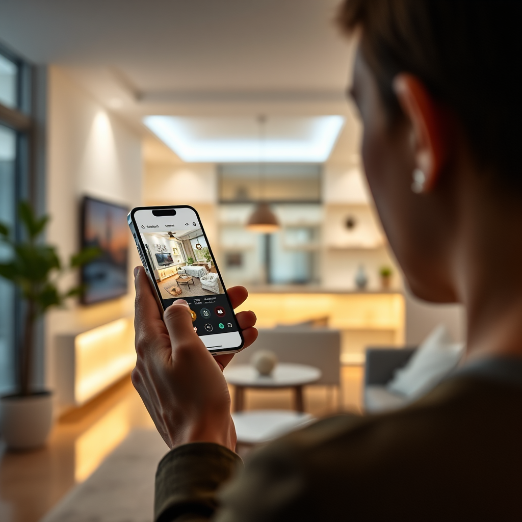 A person using a smartphone app to control the lighting in their home. Show the user interface of the app and the corresponding changes in the lighting of the house. The scene should be modern and technologically advanced.