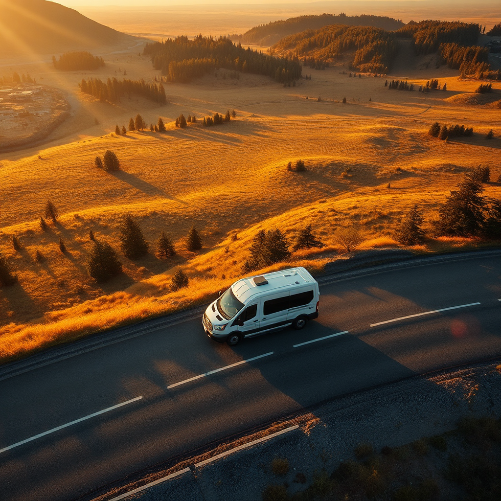 A photorealistic aerial view of a North Idaho landscape with a BEC Electric van driving on a road. The scene is bathed in golden sunlight. The camera angle is high, capturing the vastness and beauty of the region. The color palette is warm and inviting. Style reference: landscape photography. Technical specs: 8K resolution, hyperrealistic.