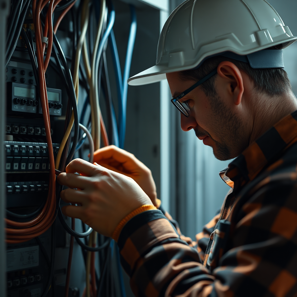 A photorealistic close-up image of an electrician expertly connecting wires within an electrical panel, emphasizing precision and safety. Use professional lighting to highlight the detail. Technical specs: 8K resolution, hyperrealistic.