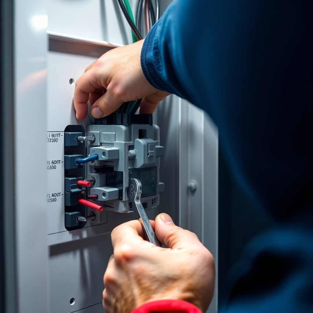 A photorealistic close-up of a technician carefully installing a circuit breaker into a panel. Focus on the precision and attention to detail in their work. The lighting should be bright and focused, highlighting the connections being made. Color palette should be clean and professional, with a focus on the breaker and the tools. Camera angle should be tight and intimate, showcasing the skill of the technician. Texture details should show the quality of the tools and the breaker components. The environment should suggest a clean, modern electrical panel. Props might include wire strippers or a voltage meter. Style: Photorealistic, detailed, and professional.