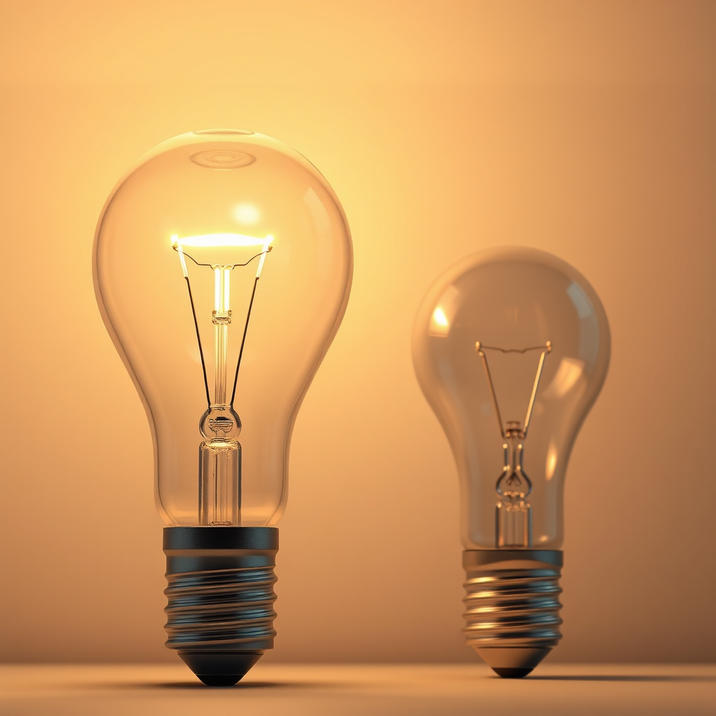 A photorealistic image contrasting an old incandescent bulb with a modern LED bulb, highlighting the energy-saving benefits. The LED bulb should be brightly lit, while the incandescent bulb is dimmed or flickering. The scene should emphasize the efficiency and sustainability of LED lighting. Aim for an 8K resolution image with hyperrealistic rendering to capture the details of each bulb and their respective energy consumption.